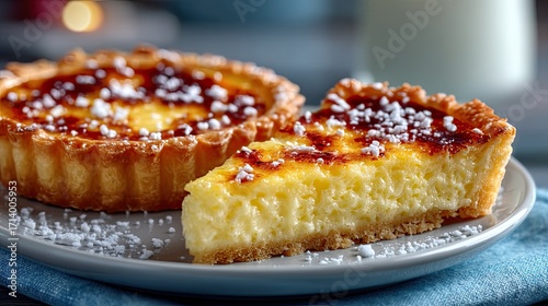 Golden Egg Custard Tarts with Powdered Sugar on Gray Plate and Blue Napkin in Soft Studio Lighting