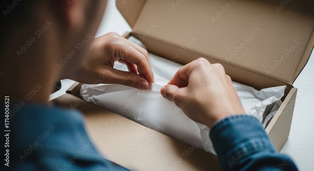 Fototapeta premium A tight, over-the-shoulder shot of a person unboxing a package. The focus is on their hands carefully pulling back tissue paper to reveal a product