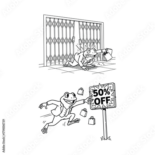 A frog character in a last chance sale rush. Vector illustration of an animal squeezing through a closing gate and running to a discount sign.