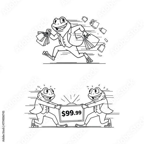 A frog character on a shopping spree and fighting over a sale price. Vector illustration for retail promotions like Black Friday.