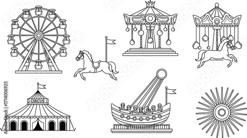 amusement park, carnival, ride, Ferris wheel, carousel, horse, circus tent, pirate ship, sunburst, vector, black, white, design, art, entertainment, fair, festival, attraction, icon, silhouette