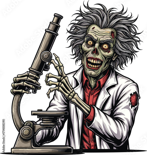 Zombie scientist with microscope, horror lab monster, cartoon undead researcher, Halloween science character vector illustration