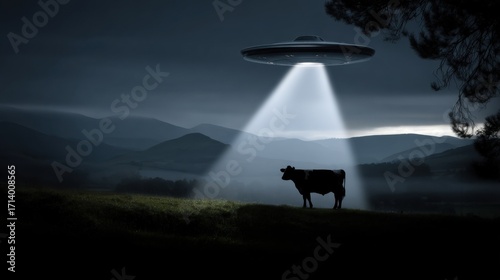A Curious Cow Grazing in a Lush Green Field While a Mysterious U F O Hovers Above Creating an Intriguing and Surreal Scene of Nature and Extraterrestrial