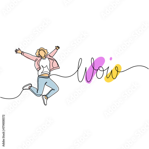 Minimalist joyful person jumping illustration with "Wow" text