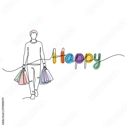 Happy shopper carrying bags with "Happy" text for Black Friday promotions