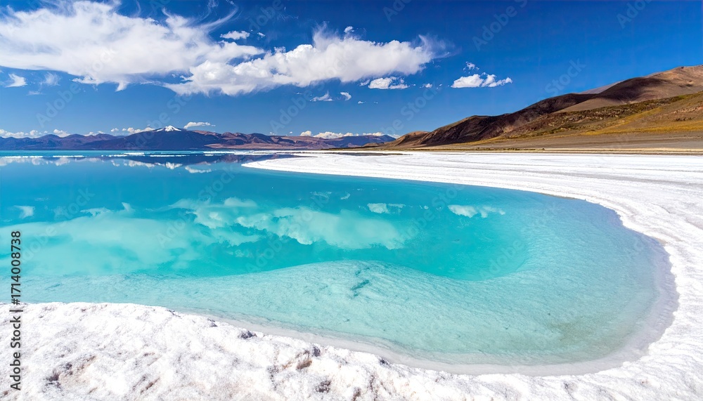 Obraz premium Vibrant Turquoise Salt Lake in Andean Mountains under Blue Sky