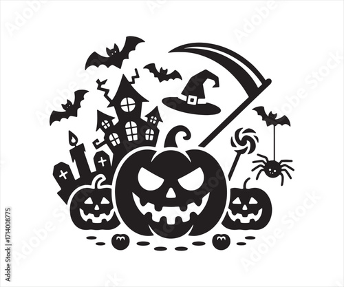 Halloween Vector Illustration with Pumpkin Haunted House and Spooky Elements