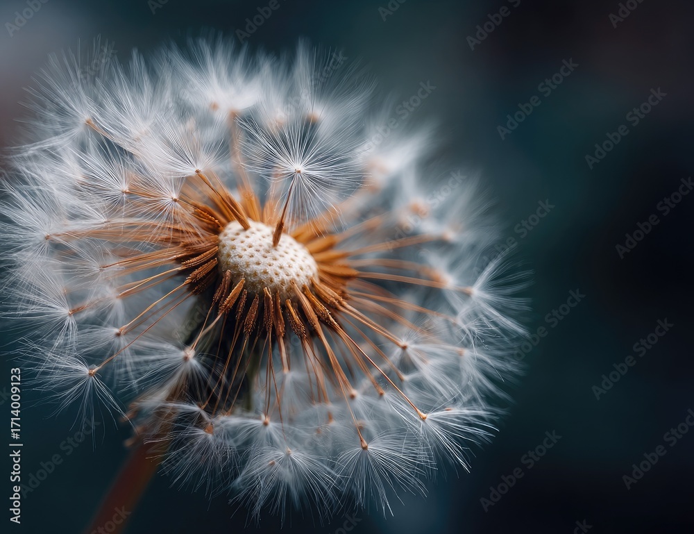 Obraz premium Close-up of a dandelion seed head. Soft white seeds radiate from a central brown disk. Dark background