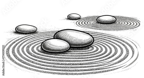 Ink drawing of a Japanese rock garden, symbolizing harmony, mindfulness, and tranquility with stones and sand ripples