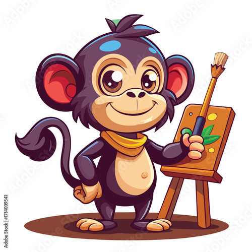 Cute cartoon illustration of a little girl with a paintbrush playing with a funny toy animal