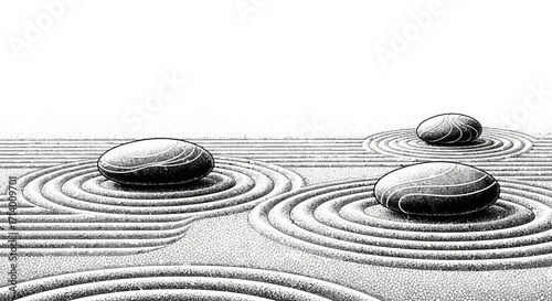 Zen Garden Stones and Sand Raked Patterns, Serene Abstract Landscape Art