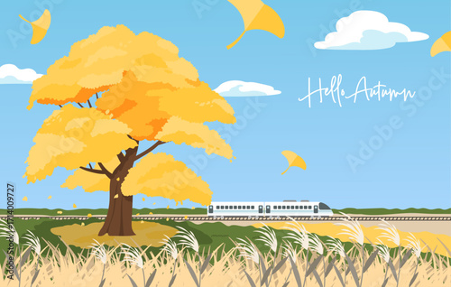 Autumn landscape illustration template featuring a large ginkgo tree, a reed field in the foreground, and a golden field with a train passing in the distance. Perfect for seasonal design, backgrounds,