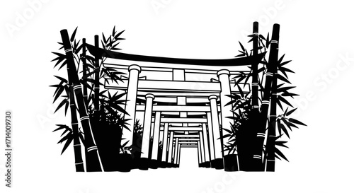 Torii Gates Silhouette with Bamboo Trees Graphic Design