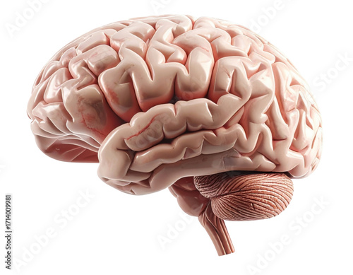 Highly detailed medical illustration of a realistic human brain isolated on pure white background