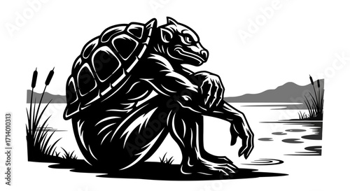 Illustration of a Turtle-Human Hybrid Sitting Near a Lake, Pondering Nature's Mysteries