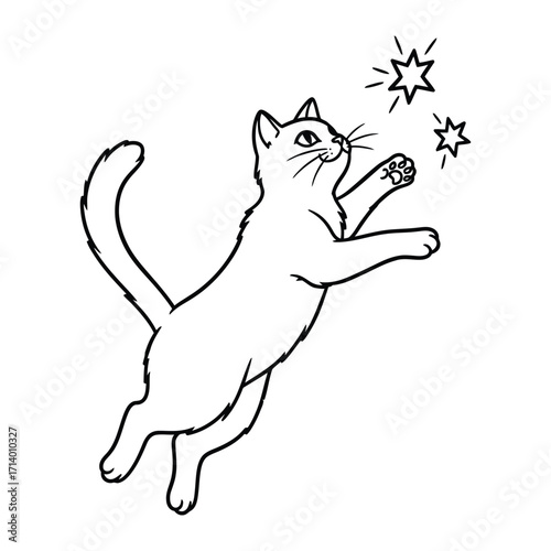 Whimsical Cat and Stars: A playful cat reaches for twinkling stars, embodying joy and imagination with simple, clean lines