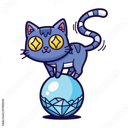 Circus Cat on Gemstone: A playful illustration of a circus cat balancing atop a gleaming gemstone. with animated expressions