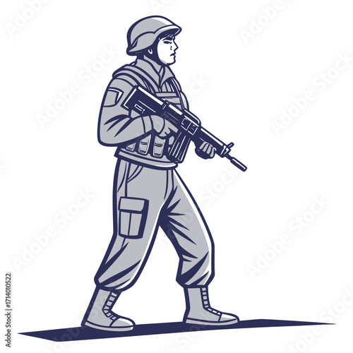 Vector art of a soldier in full gear, holding a rifle and walking forward, he is wearing a helmet and vest, and his face is set with determination and focus