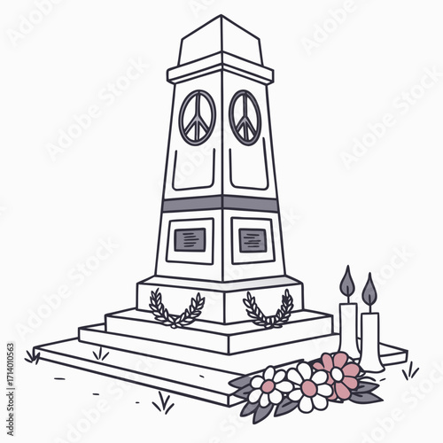 Vector art of a peace monument with peace symbols, candles, and flowers, the monument stands as a symbol of hope and remembrance for those lost in conflict