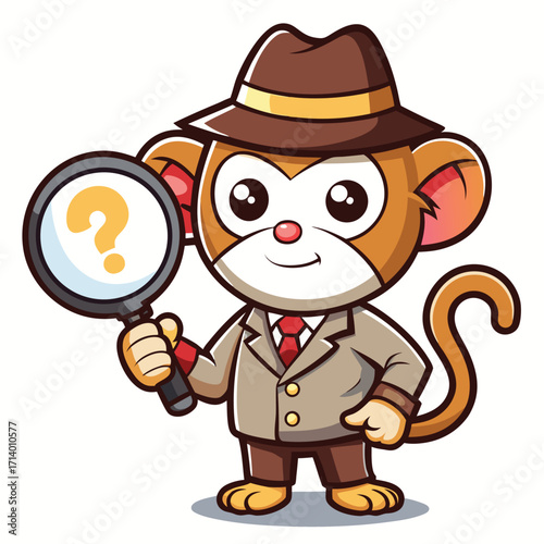 Cartoon detective monkey character with magnifying glass illustration