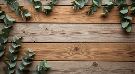 Rustic wooden background with eucalyptus leaves and copy space