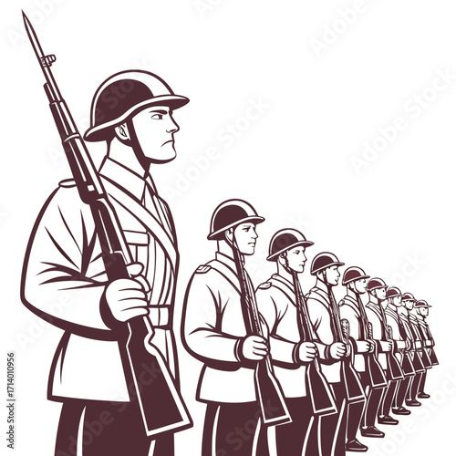 Vector art of the hand drawn vector of the line of the soldiers with the rifle, a symbol of the army, military, and the armed forces
