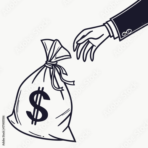 Vector art of a hand in a suit unties a bag full of us dollars, symbolizing financial transactions, investment opportunities, and economic growth within the american market