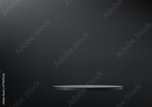 Abstract 3D Black cylinder pedestal podium background on black wall scene space for product display presentation, Stage showcase. Vector illustration.