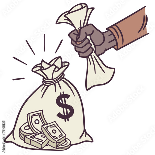 Vector art of a hand is pulling a money bag full of dollar bills and coins this image represents wealth, finance, and the accumulation of assets and income