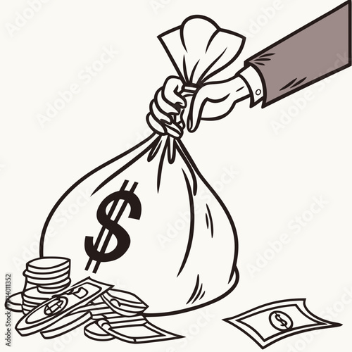 Vector art of a hand is pulling a money bag full of dollar bills and coins this image represents wealth, finance, and the accumulation of assets and income