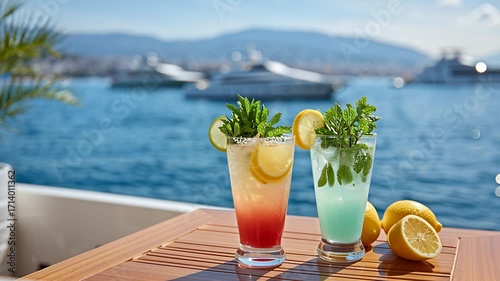 Colorful summer drinks with fresh mint and lemon on a wooden table, enjoying luxury travel