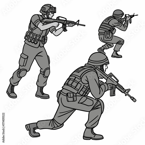 Illustration of three soldiers in combat gear, armed with rifles, showcasing tactical readiness and military preparedness