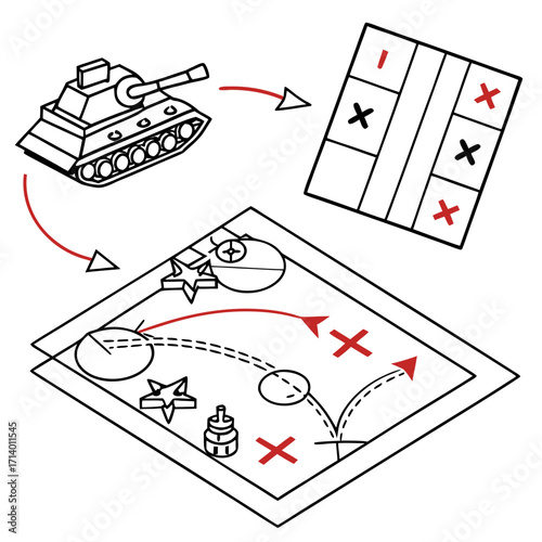 Vector art of an illustration depicting a tank strategy game, showcasing the planning and tactics involved in military operations, the image includes a tank, a map, and strategic symbols