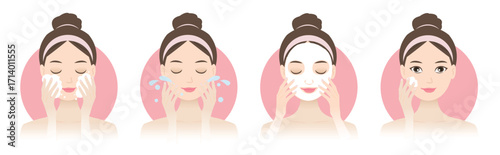 Cute woman with steps skincare routine set vector illustration. Skincare routine series, cleansing, face wash, face mask and applying moisturizer. Skincare, beauty routine and self care concept.