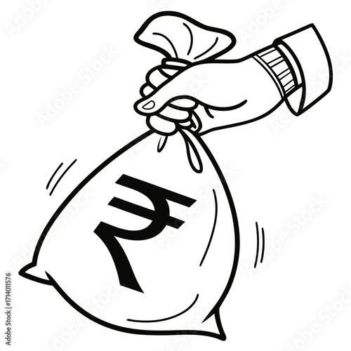 Illustration of a hand holding a bag of money with a rupee sign concept of indian currency, finance, investment and wealth in india