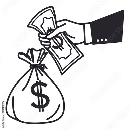 Illustration of a hand putting money into a bag with a dollar sign concept of saving money, finance, investment, and wealth