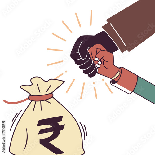 Vector art of a large hand in a suit stopping a smaller hand from reaching a money bag with the indian rupee symbol, representing financial barriers, protectionism, or economic inequality