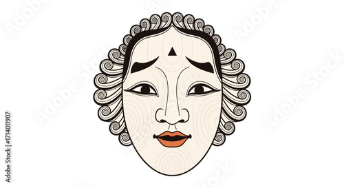 Traditional Japanese Noh Theater mask with elaborate hairstyle and makeup, highlighting cultural heritage