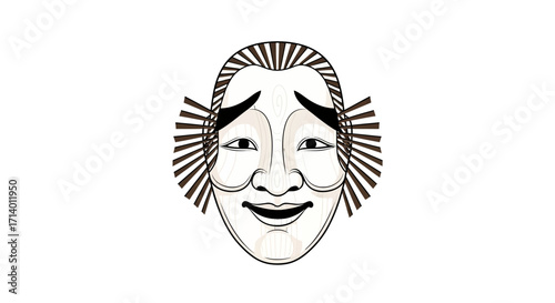 Okame Mask Illustration with Traditional Japanese Art Style