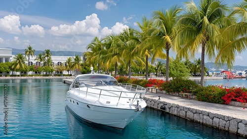 Modern luxury yacht moored at a waterfront marina, with palm trees lining the promenade