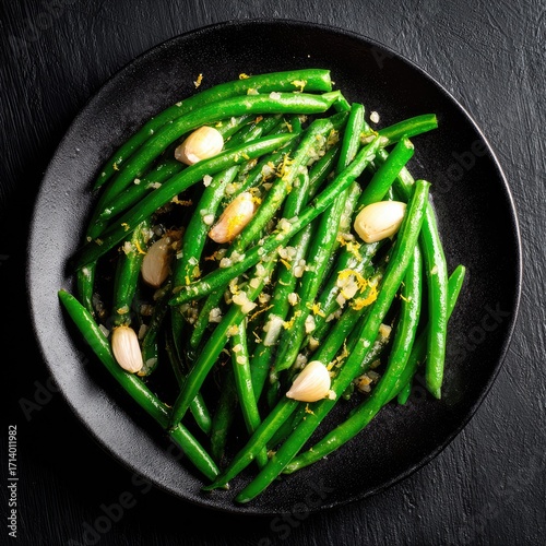 Vibrant green beans, seasoned with garlic and lemon zest, artfully arranged on a dark plate
