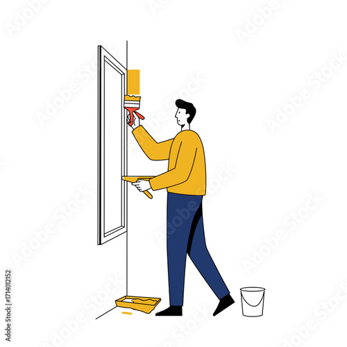 Minimal vector illustration of a painter applying color to a wall using roller and paint tools, suitable for renovation themes.
