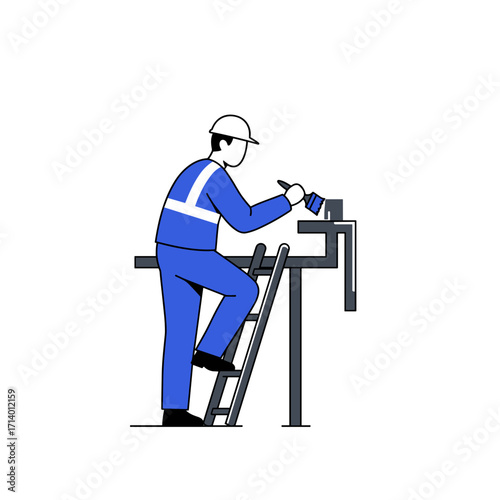 Flat vector illustration of a worker in safety gear welding metal while standing on a ladder, ideal for safety and industry themes.
