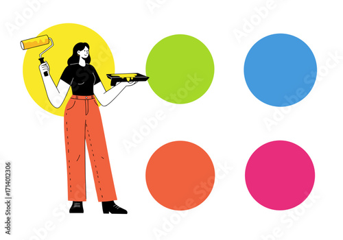 Young woman holding paint roller and shoe near colorful circles  