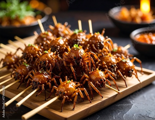 Fototapeta Naklejka Na Ścianę i Meble -  Spiced spider skewers on a wooden board