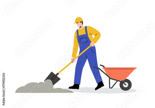 Construction worker shoveling concrete with wheelbarrow in uniform  