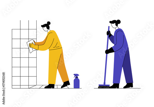 Woman cleaning shower wall and mopping floor in colorful outfit  