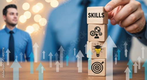 Building skills for career growth and business development wooden blocks representing education and expertise arrows symbolize advancement