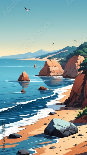 Tranquil Coastal Landscape Illustration