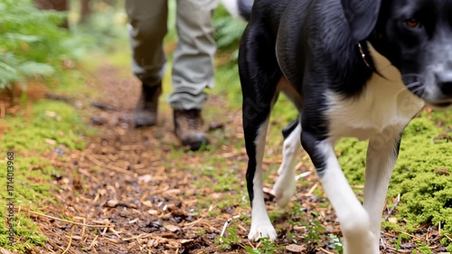 Dog walking on a forest trail with its owner, surrounded by lush green ferns